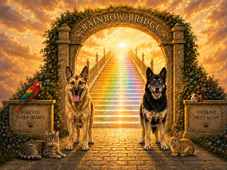 Two dogs at the entrance to Rainbow Bridge, with a cat, rabbit, parrot, and guinea pig nearby.